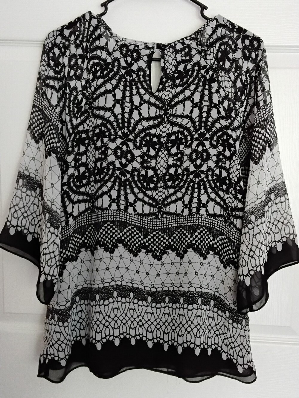 Christopher & Banks Black and White Lace-Pattern Chiffon Blouse